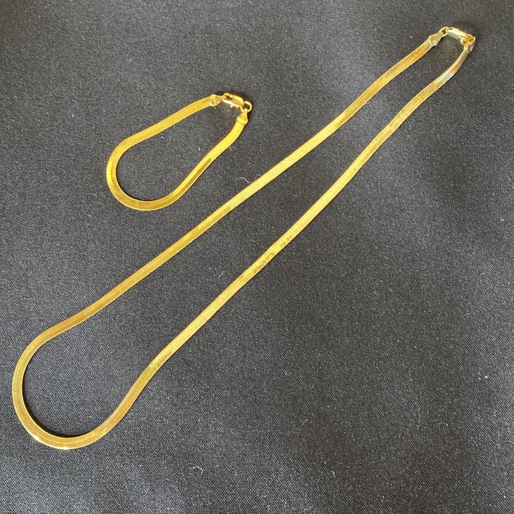Gold Plated Herringbone Chain Necklace with Matching Bracelet ~ Gift Box